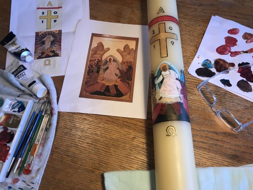 Decorating the candle with a rendition of our resurrection icon.
